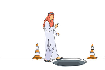 Poster - Single one line drawing Arab businessman character going on street watching by smart phone and did not see open manhole. Man walks to business trap. Continuous line design graphic vector illustration