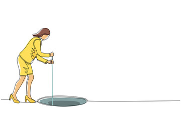 Poster - Continuous one line drawing businesswoman stretch out rope into hole. Woman wondering and looking at big hole, business concept in opportunity, exploration or challenge. Single line draw design vector