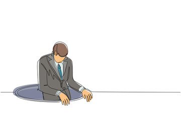 Poster - Continuous one line drawing businessman trying to get out of from hole, metaphor to facing big problem. Business struggles. Strength for success. Single line draw design vector graphic illustration