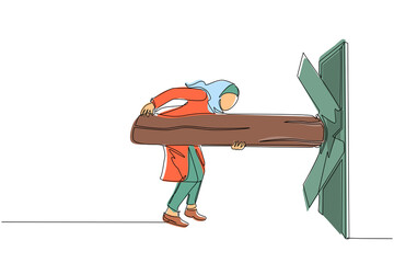 Poster - Single one line drawing Arabic businesswoman holding large log and destroying door. Overcome challenges, and destroying obstacles with power and brute force. Continuous line draw design graphic vector