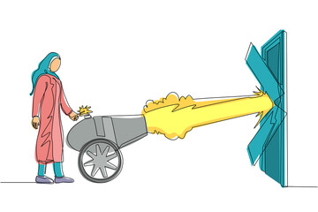 Poster - Single continuous line drawing Arab businesswoman ignites cannon in front of door and destroying door. Eliminating barrier of entries, destroying obstacle with brute force. One line draw design vector
