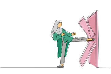 Poster - Continuous one line drawing Arabian businesswoman kicks the door until door shattered. Woman kicking locked door and destroy. Business concept of overcoming obstacles. Single line draw design vector