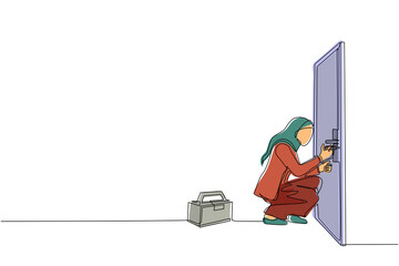 Poster - Single continuous line drawing Arab businesswoman prying doorknob with screwdriver. Woman repair broken handle door knob with handywoman tool in tool box. Business concept. One line draw design vector