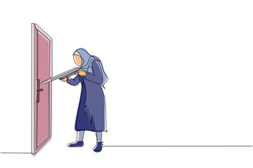 Poster - single one line drawing arab businesswoman pointing shotgun at doorknob. business breakthrough strug