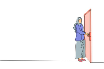 Poster - Single continuous line drawing Arabian businesswoman inserts key into keyhole which is on the door. Woman opens office room door with key. Success business concept. Dynamic one line draw design vector