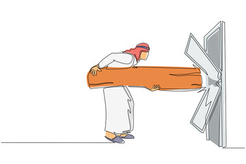 Poster - Continuous one line drawing Arab businessman holding large log and destroying door. Overcome challenges, and destroying obstacle with power and brute force. Single line draw design vector illustration