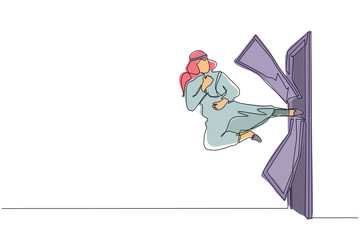Poster - Single continuous line drawing Arabian businessman kicks the door with flying kick until door shattered. Man kicking locked door. Business concept of overcoming obstacles. One line draw design vector