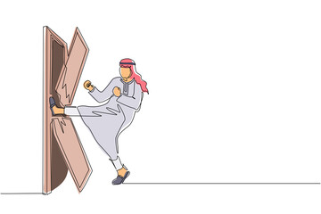 Poster - Single one line drawing Arab businessman kicks the door until door shattered. Man kicking locked door and destroy. Business concept of overcoming obstacles. Continuous line draw design graphic vector