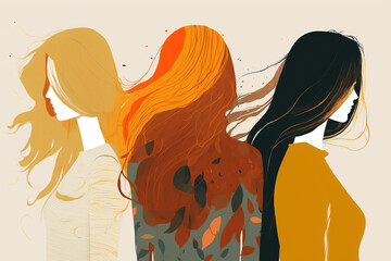 Wall Mural - Silhouettes of three women without face of friends with different hair colors. Mental female health, friendship, character concept. Creative illustration generative ai