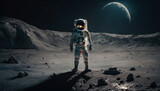 Fototapeta Kosmos - Astronaut standing on a soil of alien rocky planet. Generative AI.