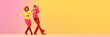 © Lustre Art Group  - Stylish expressive excited couple of professional dancers in retro style clothes dancing disco dance over pink-yellow background. Concept of 70s, 80s fashion style, music and emotions