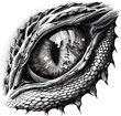Dragon or dinosaur monster eye tattoo, sketch, tshirt print. Png monochrome reptile eyeball and spiky skin. Realistic sketch of black and white fantasy creature pupil. Mythical animal eye drawing