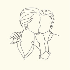 Wall Mural - Two girls are hugging line art. Abstract portrait of a pretty young woman. Friends, sisters, or couples. Continuous one-line drawing isolated on white. Vector illustration in a simple modern style.