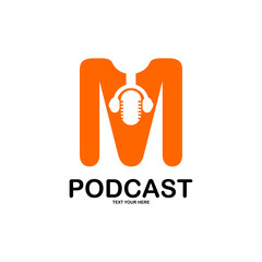 Letter m with podcast logo template illustration. suitable for podcasting, internet, brand, musical, digital, entertainment, studio etc