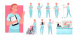 Nurse characters gestures and poses set vector illustration. Cartoon young woman in medic uniform, professional female hospital worker holding wheelchair, syringe and medical dropper, crossing arms