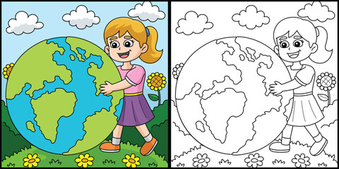 Girl Holding Earth Coloring Page Illustration