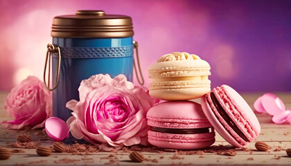 Wall Mural - Pink roses and macarons sit on top of blue container. Generative AI.