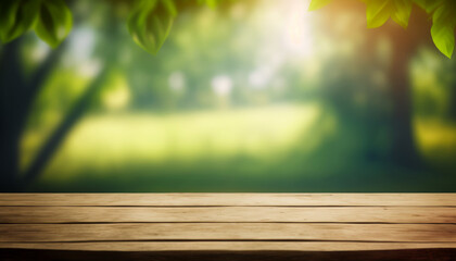 Canvas Print - An empty wooden table with green leaves in the background. Generative AI.