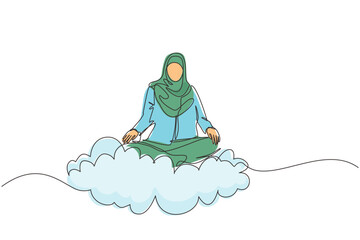 Poster - Single continuous line drawing office worker or businesswoman relaxes, meditates in lotus position on clouds. Arabian woman relaxing with yoga or meditation pose. One line draw graphic design vector