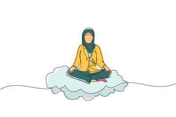 Poster - Continuous one line drawing Arabian businesswoman relaxes, meditates in lotus position on clouds. Cute woman relaxing with yoga or meditation pose. Single line draw design vector graphic illustration