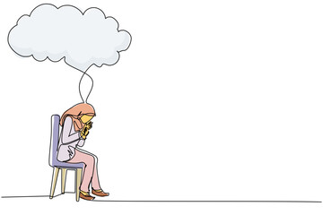 Poster - Continuous one line drawing Arabian businesswoman sitting under rain cloud. Business failure. Worried woman thinking about business with negative trend. Collapse of economy. Single line design vector