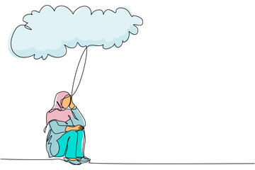 Poster - Single continuous line drawing Arabic businesswoman feeling sad, depression sitting under rain and cloud. Unhappy depressed loneliness sad worker in stress with problem. One line graphic design vector