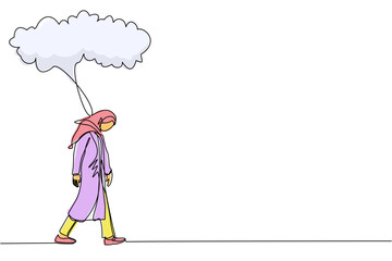 Poster - Single one line drawing unhappy depressed sad Arabic businesswoman in stress walking under rain cloud. Alone loser female depression. Loneliness in overcast weather. Continuous line draw design vector
