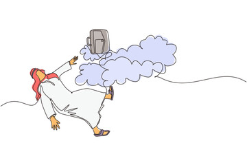 Poster - Continuous one line drawing Arabian businessman falling from sky. Failure, defeat. Employee dismissal, bankruptcy. Financial crisis. Person loses business, job. Single line draw design vector graphic