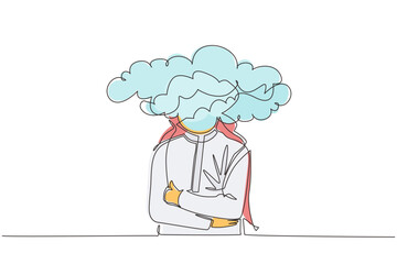 Poster - Continuous one line drawing cloud head businessman. Arab man with empty head and cloud instead. Distracted, daydreaming, absent and impractical concept. Single line design vector graphic illustration
