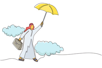 Poster - Single continuous line drawing happy wealthy Arab businessman flying with his umbrella holding briefcase. Office worker achieve financial independence. One line draw graphic design vector illustration