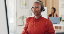 Contact Us, Call Center And Crm, Black Woman At Computer In Office, Customer Service Agent With Headset And Smile. Help Desk, Telemarketing Or Sales Consultant, Happy Advisory Support And Consulting.