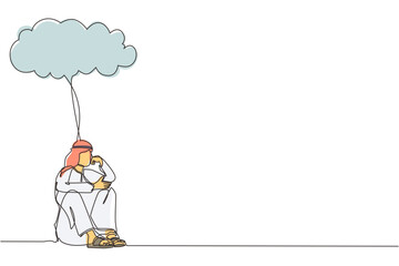 Poster - Single continuous line drawing Arabian businessman feeling sad, depression sitting under rain and cloud. Unhappy depressed loneliness sad worker in stress with problem. One line graphic design vector