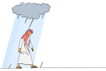 Single one line drawing unhappy depressed sad Arabian businessman in stress walking under rain cloud. Alone loser male depression. Loneliness in overcast weather. Continuous line design graphic vector