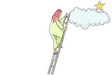 Poster - Continuous one line drawing Arab businessman climbing ladder to reach out for stars. Businessman climbing to goal. Motivation to be success, winner, finish, win. Single line draw design vector graphic