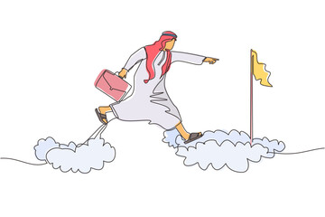 Poster - Continuous one line drawing fearless brave Arabic businessman make risk by jump over clouds to reach his success target or flag. Challenge of his career. Single line design vector graphic illustration