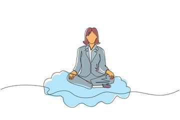 Poster - Continuous one line drawing office worker or businesswoman relaxes, meditates in lotus position on clouds. Cheerful woman relaxing with yoga or meditation pose. Single line draw design vector graphic