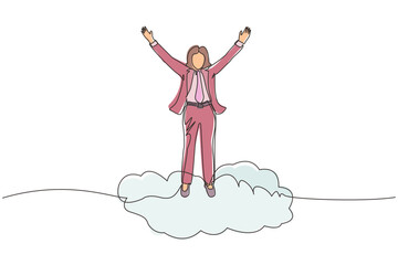 Poster - Continuous one line drawing businesswoman on top of cloud with raised hands. Successful business concept. Financial freedom, happiness, peaceful. Single line draw design vector graphic illustration