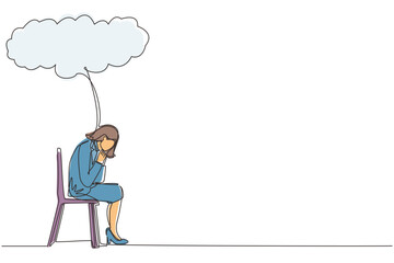 Poster - single one line drawing businesswoman sitting under rain cloud. business failure. worried woman thin