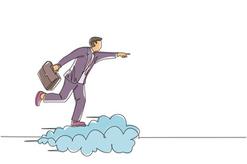 Poster - Single one line drawing businessman holding briefcase ride cloud, pointing forward, go to future, business concept. Man on cloud way to success. Continuous line draw design graphic vector illustration