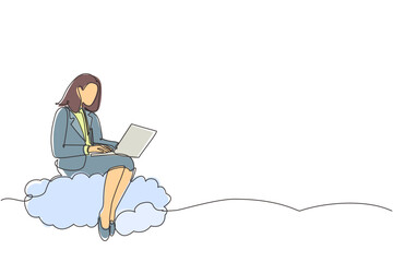 Poster - Single continuous line drawing businesswoman sitting on cloud in sky and working with laptop. Wireless connection. Social networking, chatting using cloud storage. One line draw graphic design vector