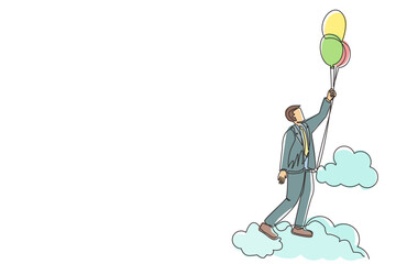 Poster - Single one line drawing businessman floating with balloon. Man holding balloon flying through cloud. Worker reaches goal, target, finds solution. Continuous line design graphic vector illustration