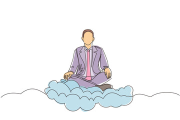 Poster - Continuous one line drawing office worker or businessman relaxes and meditates in lotus position on clouds. Cheerful man relaxing with yoga or meditation pose. Single line draw design vector graphic