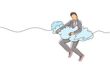 Poster - Single continuous line drawing businessman hang in the clouds. Hoping for success, financial freedom, winning business project, achievement concept. One line draw graphic design vector illustration