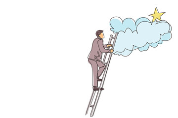 Poster - single continuous line drawing businessman climbing ladder to reach out for the stars. businessman c