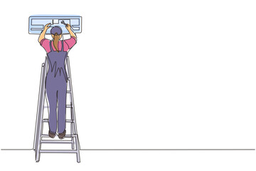Poster - single one line drawing air conditioning repair. repairwoman technician woman repairing air conditio