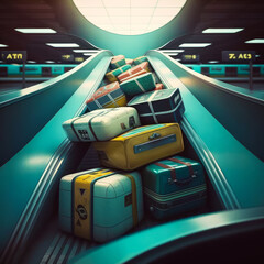 Wall Mural - Luggage on an escalator in an airport. Generative AI.