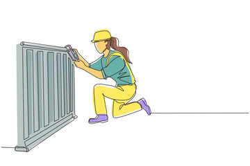 Poster - Single continuous line drawing plumber repair and installation of batteries. Repairwoman fixing pipes in heater battery radiator. Repair, maintenance professional service. One line draw design vector