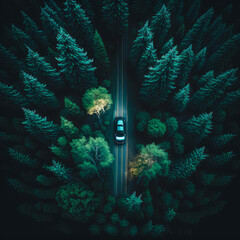 Canvas Print - An aerial view of car driving through forest. Generative AI.