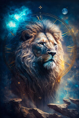 Canvas Print - Lion in front of clock and stars. Generative AI.