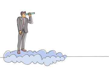 Poster - Single one line drawing businessman riding high cloud holding telescope or binocular to search for business visionary. Leadership vision to see company strategy. Continuous line draw design vector